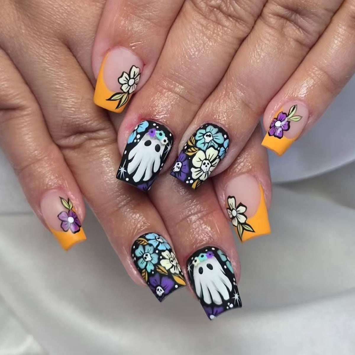 Spooky Floral Fantasy Medium Square Yellow and Black Press On Nail Set with Unique Ghost and Flower Art