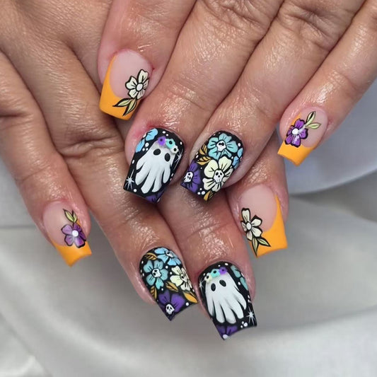 Spooky Floral Fantasy Medium Square Yellow and Black Press On Nail Set with Unique Ghost and Flower Art