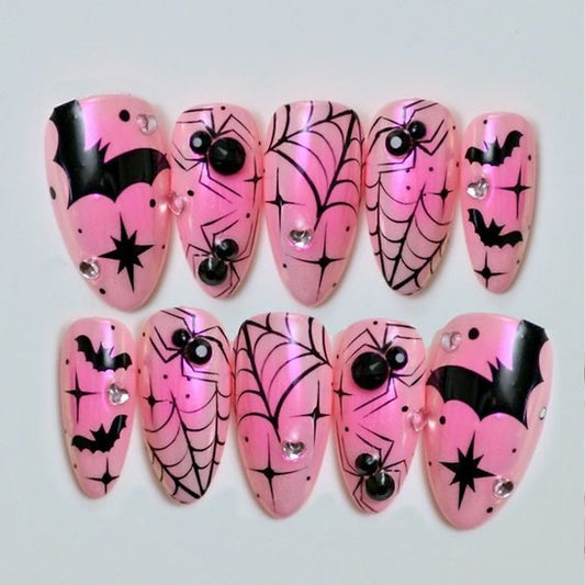 Spooky Glamour Medium Almond Glossy Pink Press on Nail Set with Spider and Bat Accents
