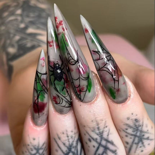 Eerie Elegance Long Stiletto Gray and Transparent with Spider and Floral Design Press On Nail Set