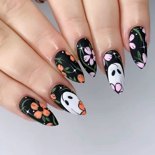 Charming Halloween Inspired Press On Nail Set Medium Almond Shape Black and Floral Design with Spooky Accents