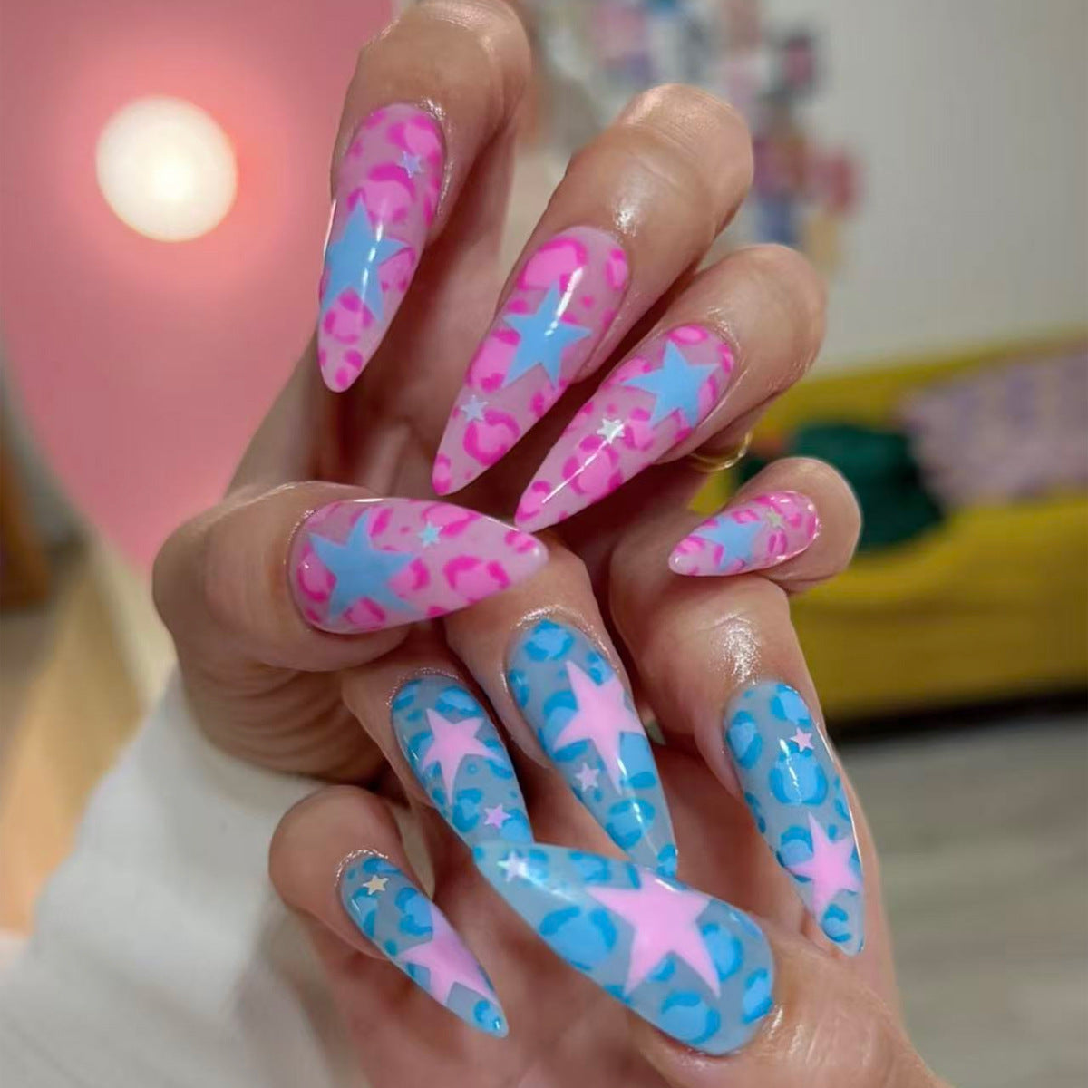 Dreamy Star-Cheetah Long Almond Pink and Blue Press on Nail Set