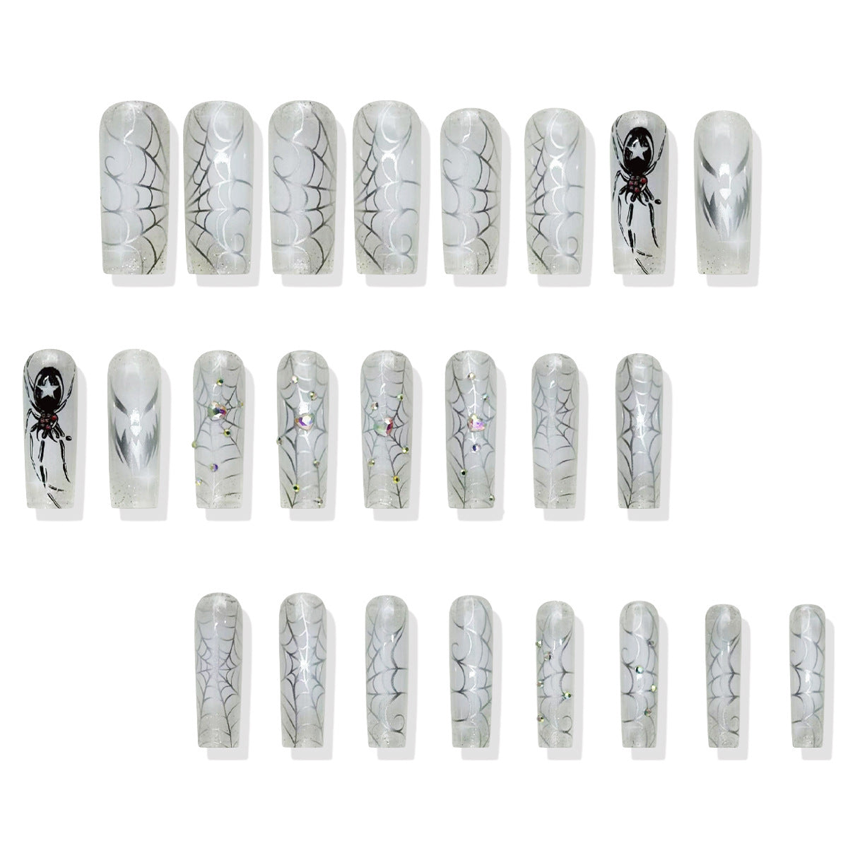 Haunting Elegance Long Square Clear with Spider Web Design and Glitter Accents Press On Nail Set