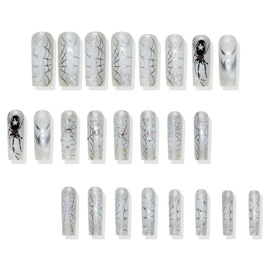Haunting Elegance Long Square Clear with Spider Web Design and Glitter Accents Press On Nail Set
