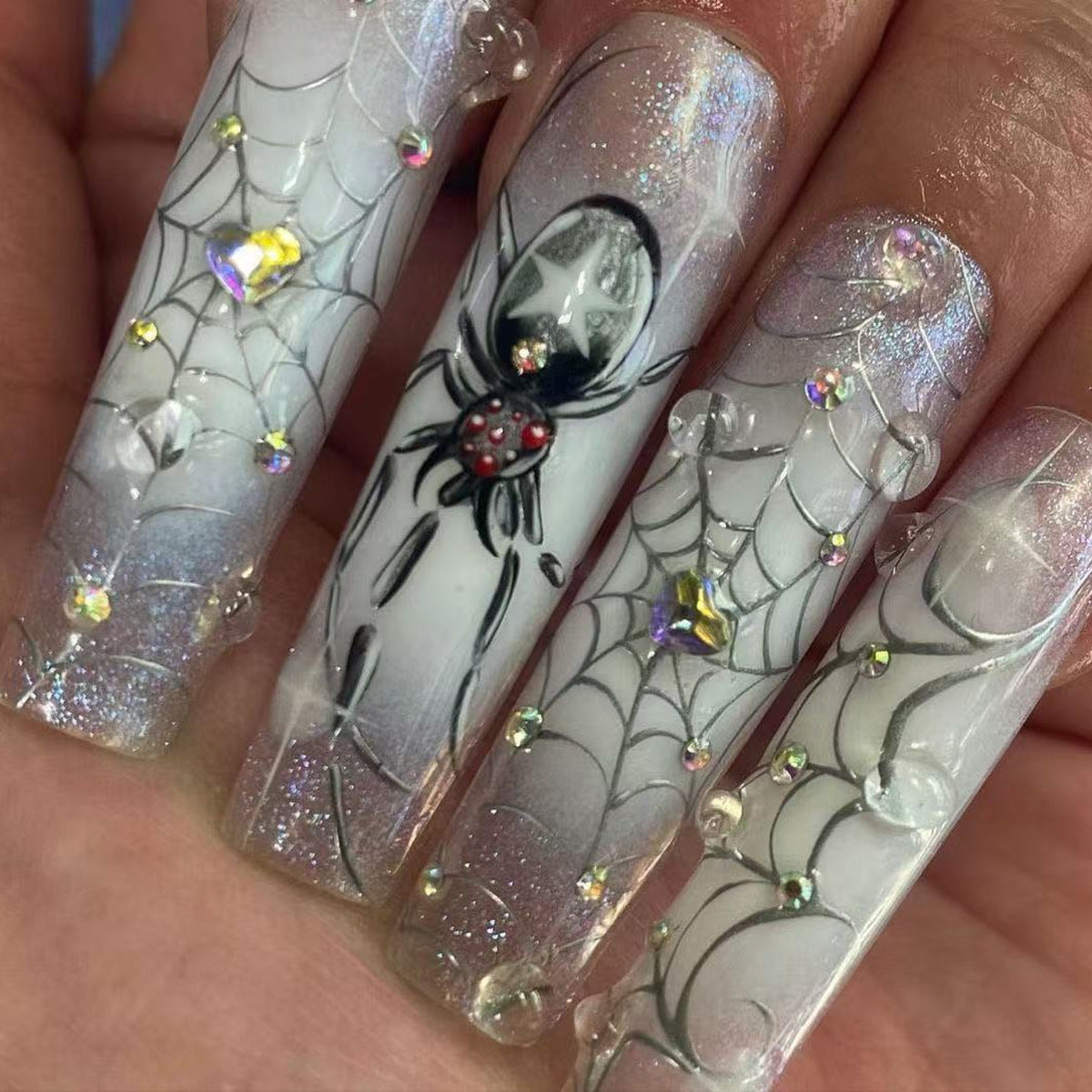 Spooky Elegance Long Square Transparent White Set with Spider Webs and Gem Accents
