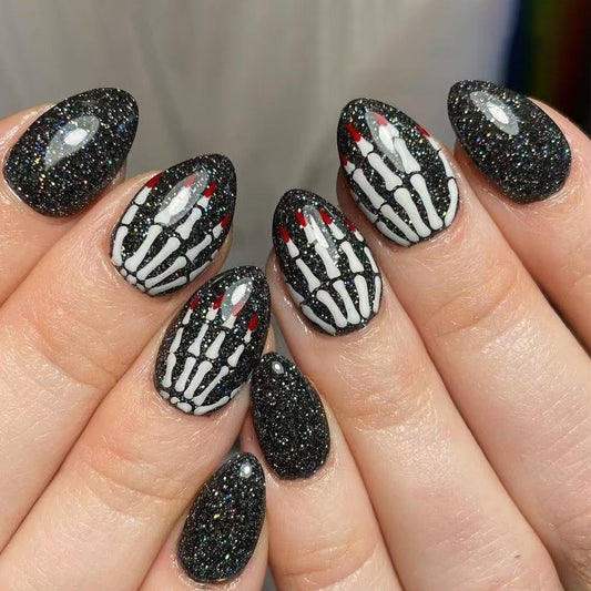 Spooky Elegance Short Almond Black and Glittery Skeleton Design Press On Nail Set
