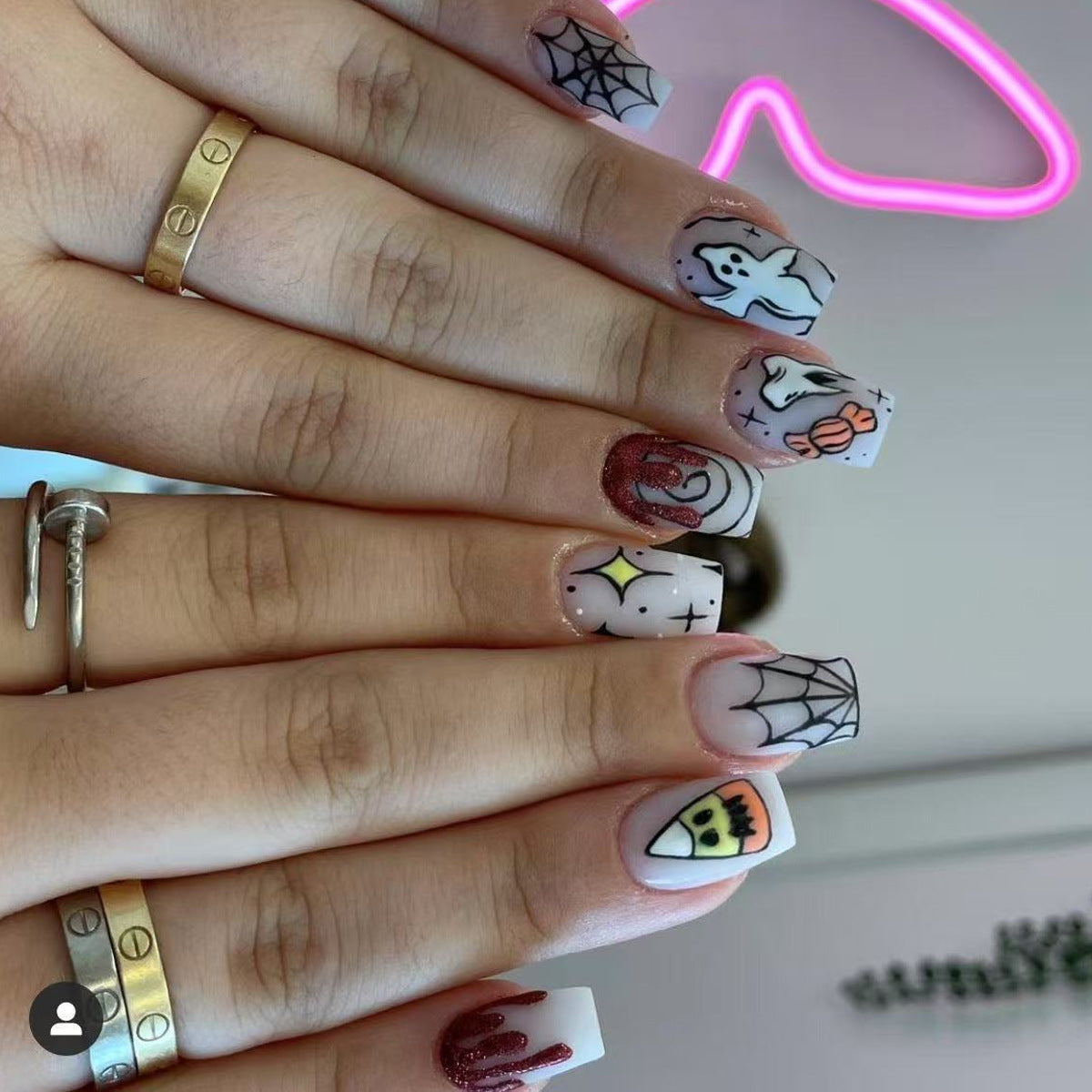 Spooktacular Square Press On Nail Set in Medium Length White with Halloween Themed Art