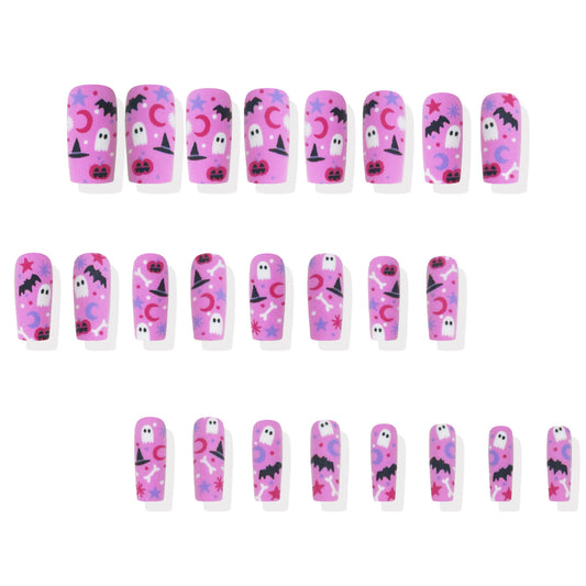 Spooky Autumn Charm Medium Square Pink Ghost Print Press On Nail Set with Matte Finish