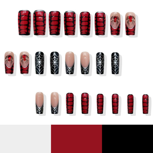 Spooky Glamour Press on Nail Set Medium Square Red and Black with Unique Spider Design