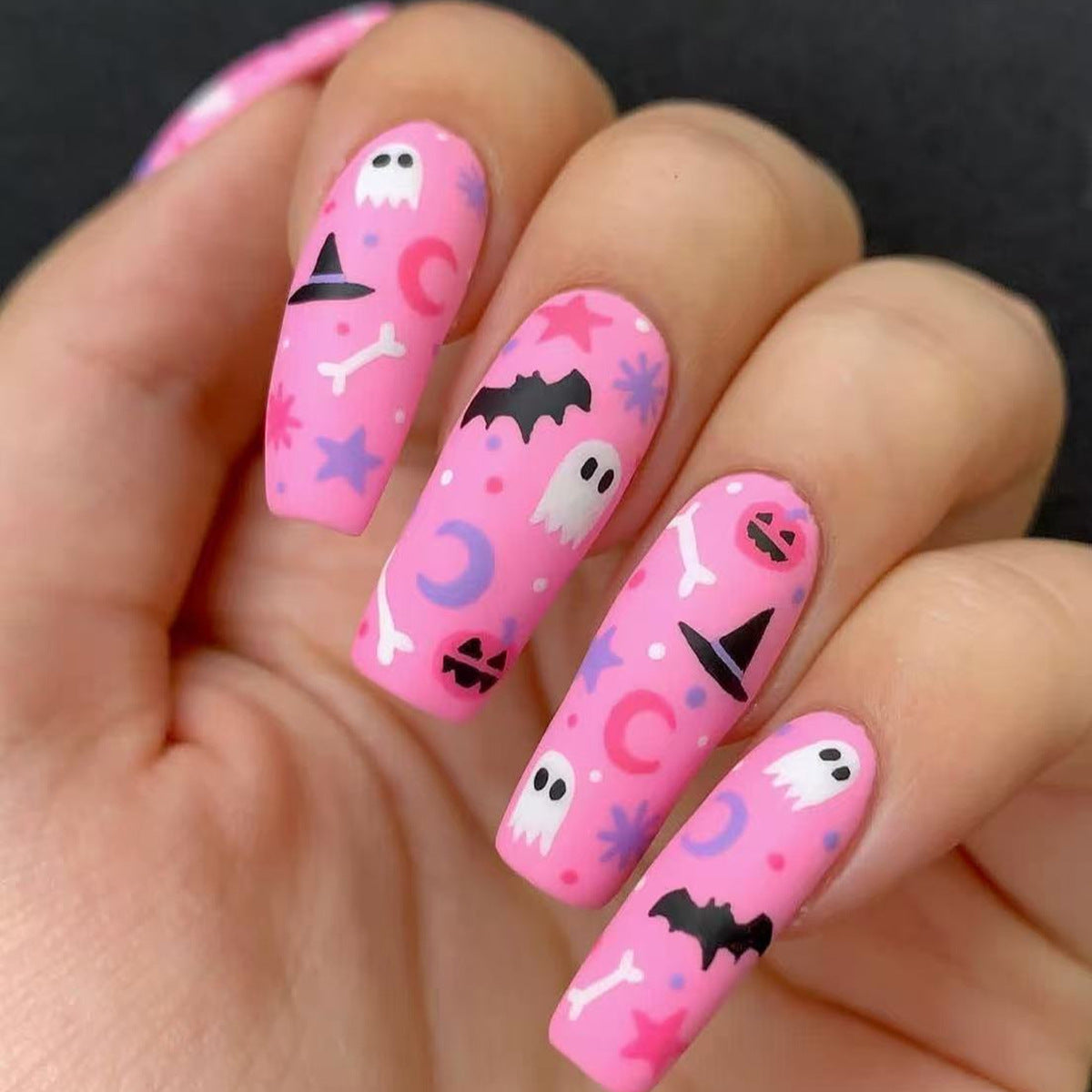 Spooky Halloween Theme Medium Square Pink Nails with Fun Ghost and Bat Designs