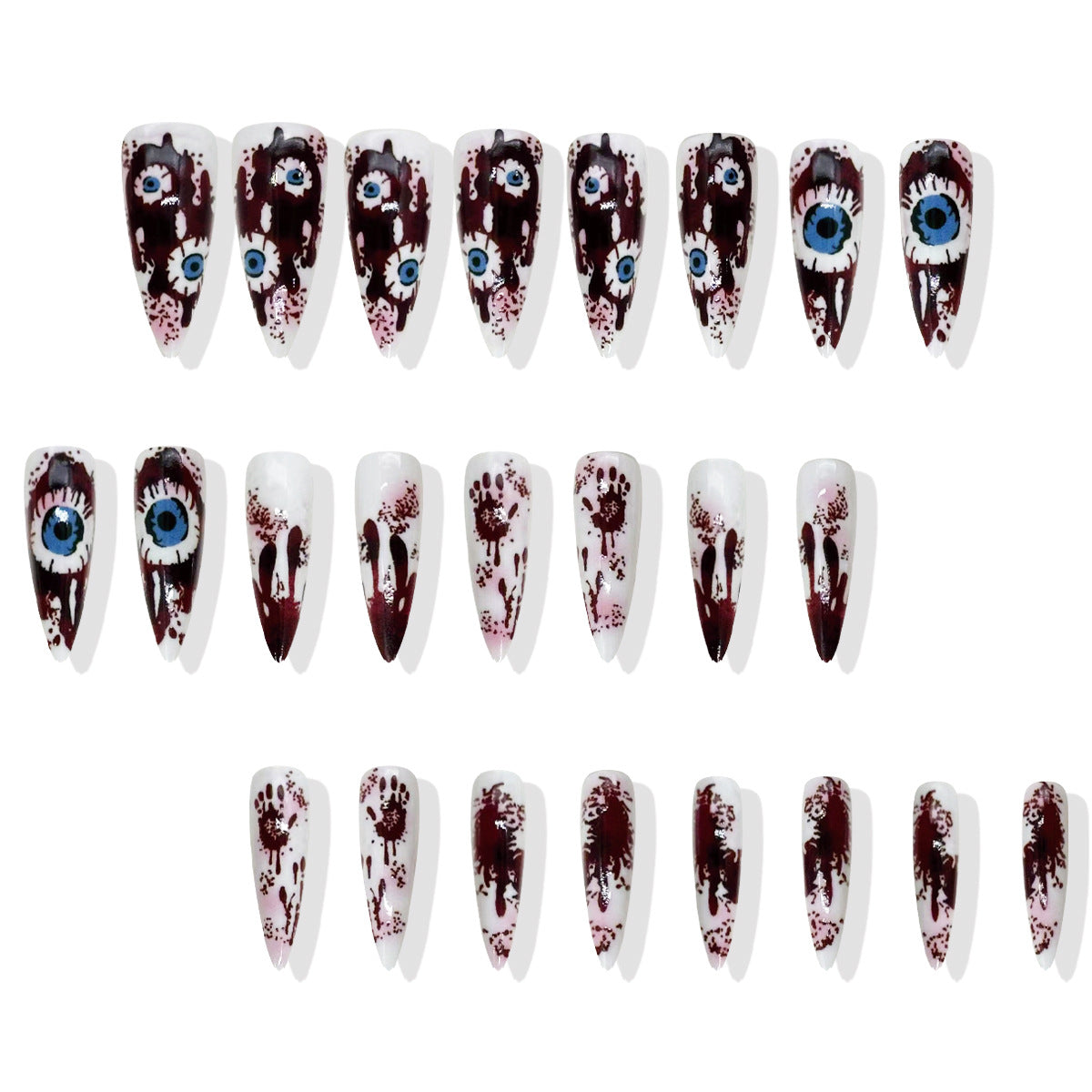 Spooky Glamour Bold Long Stiletto Length White Base with Dark Red Splashes and Creepy Eye Design Press On Nail Set