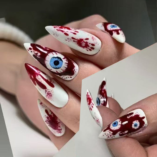 Spooky Halloween Long Stiletto Shaped White and Red Press on Nail Set with Eye Design