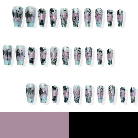 Spooky Elegance Long Coffin Acrylic Nails in Purple and Black with Spiderweb Detail