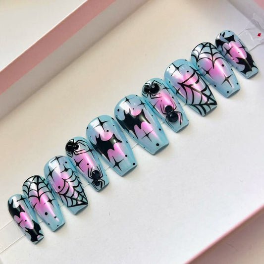 Spooky Glam Press on Nail Set Long Coffin Shape Sky Blue with Vibrant Pink Ghost and Spider Design