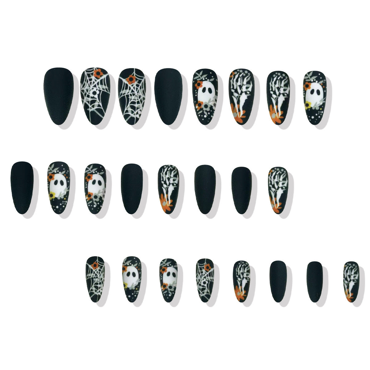 Set of Halloween-themed nail art designs on black nails.