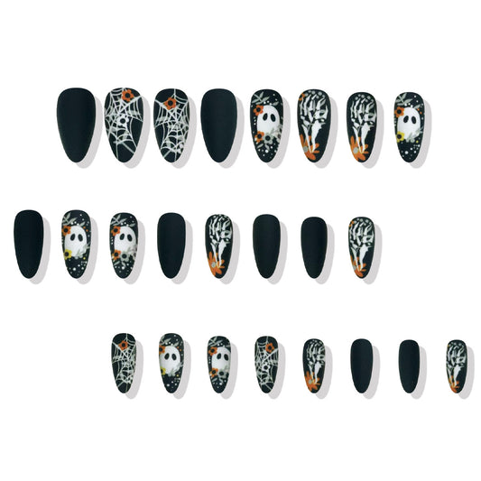 Spooky Vibes Medium Almond Length Black Matte Press On Nail Set with Ghost and Spider Web Designs