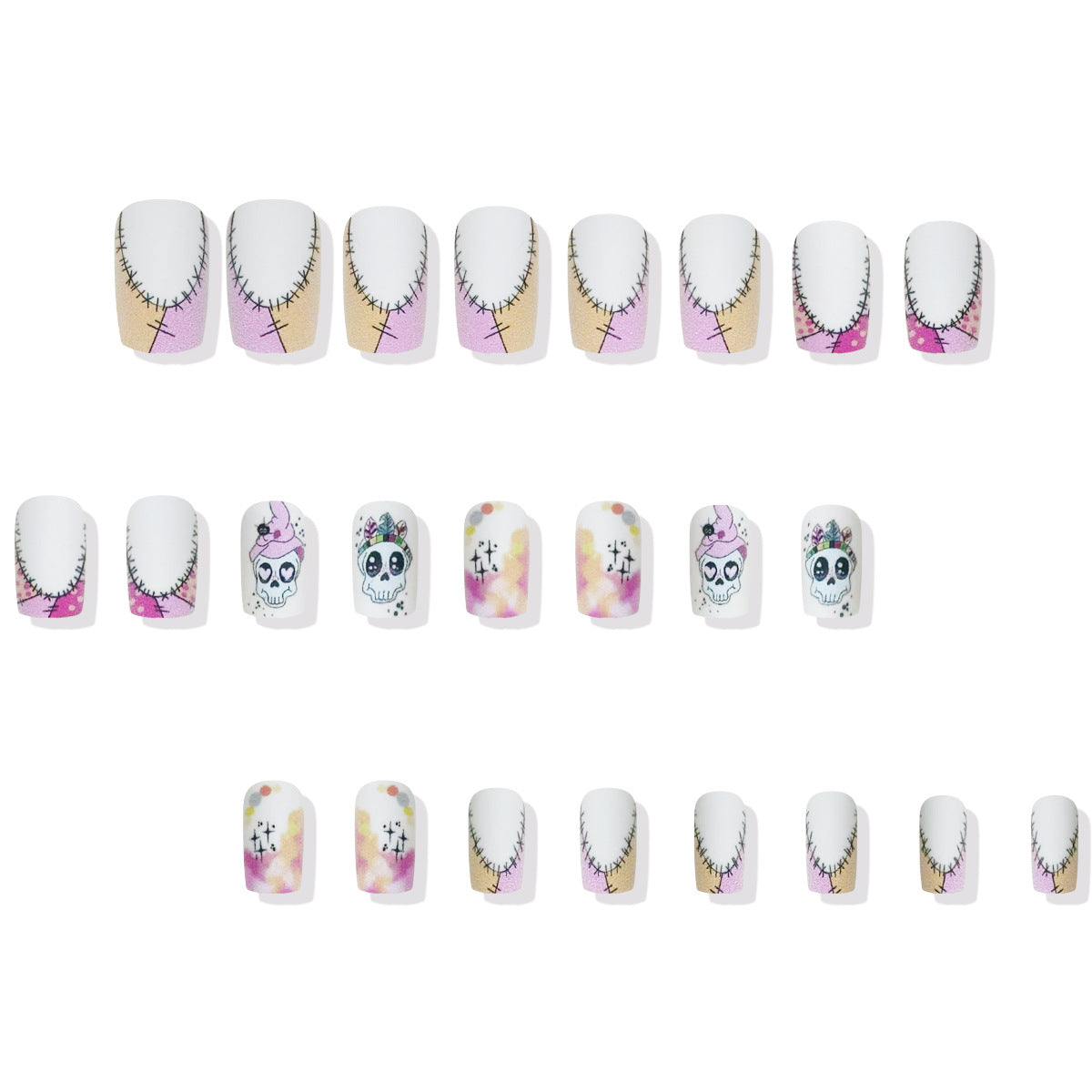 Halloween Enchantment Short Square White and Pink Stitched Design with Colorful Skull Accents Press-On Nail Set