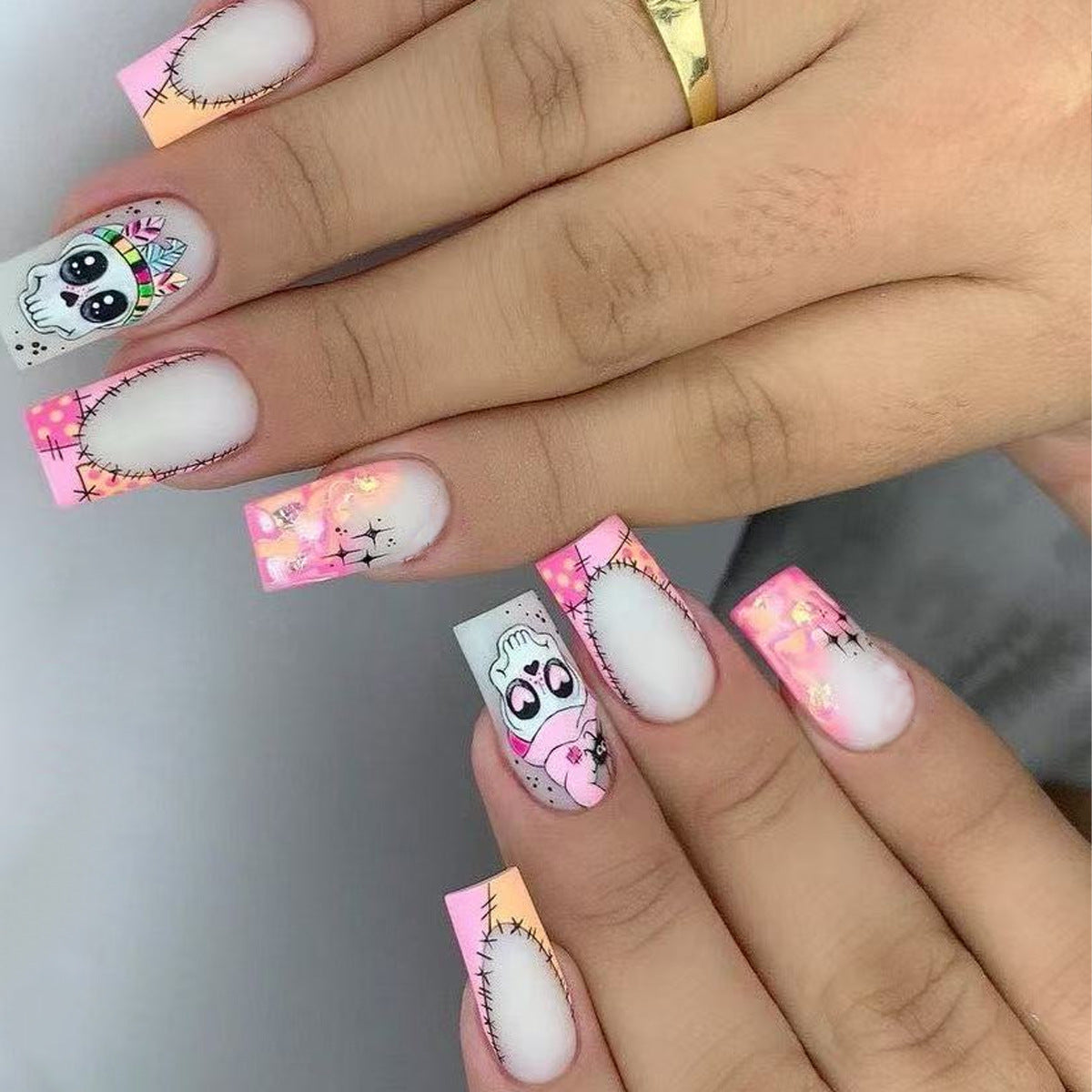 Whimsical Charm Medium Square Pink Gradient Press-On Nail Set with Unique Cartoon Design