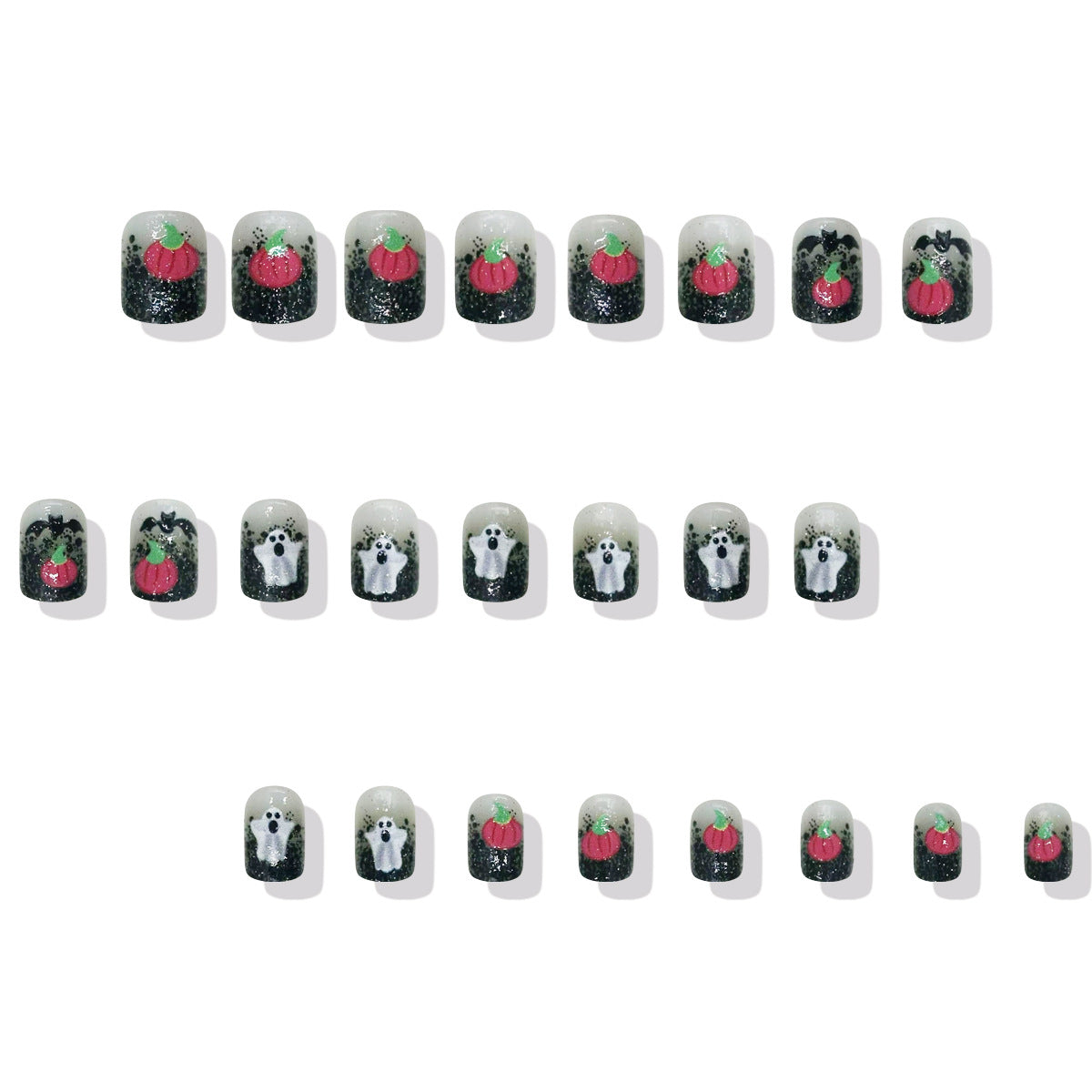 Spooky Harvest Short Square Black Glitter Press On Nail Set Featuring Cute Pumpkin and Ghost Designs