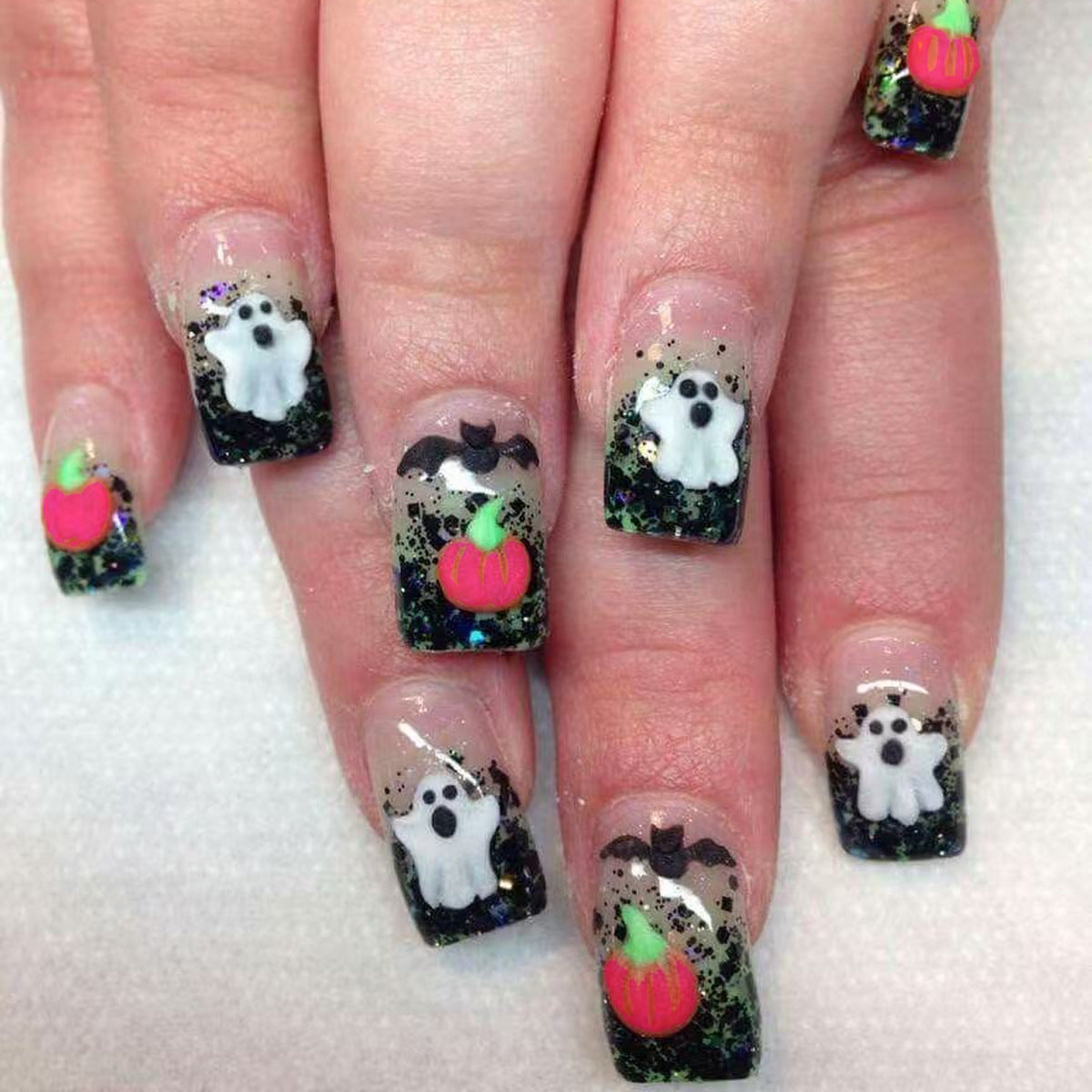 Spooky Celebration Medium Square Black and Glittery with Ghost and Pumpkin Designs Press-on Nail Set