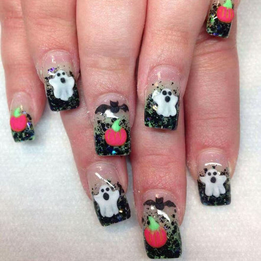 Spooky Celebration Medium Square Black and Glittery with Ghost and Pumpkin Designs Press-on Nail Set