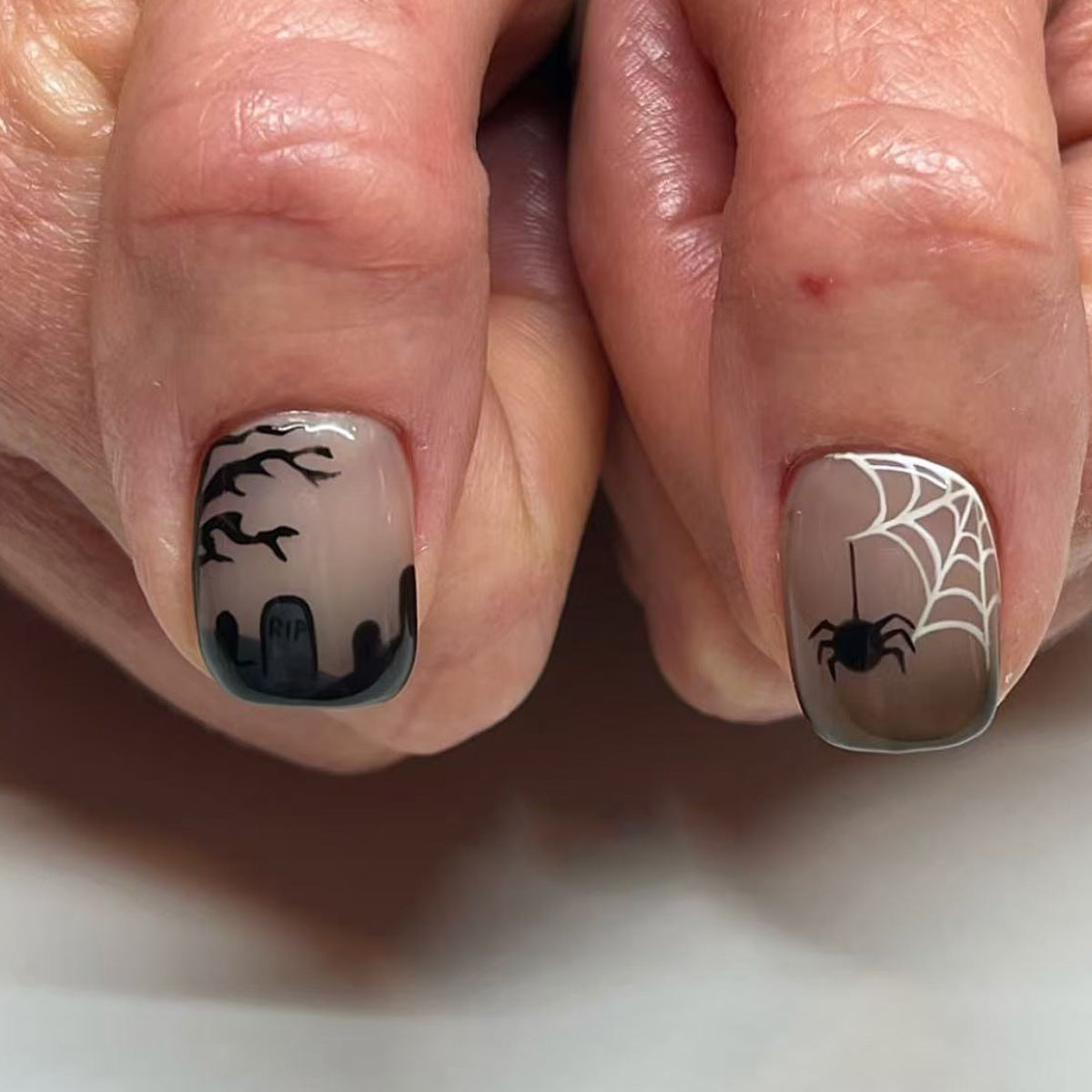 Spooky Chic Short Square Press-On Nail Set in Gray with Ethereal Spider and Web Design