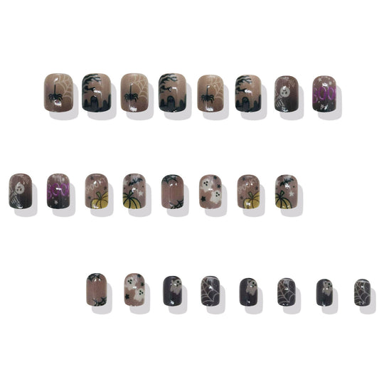 Haunting Halloween Inspired Short Square Brown Press On Nail Set with Spider and Ghost Designs