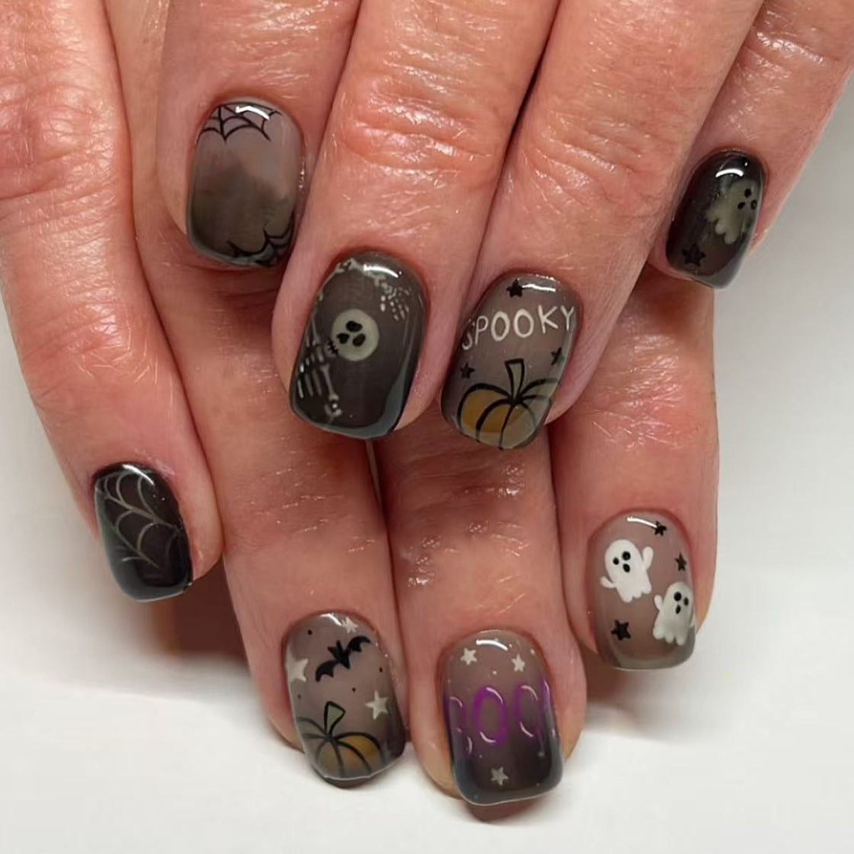 Haunting Elegance Short Square Grey with Whimsical Halloween Designs Press On Nail Set