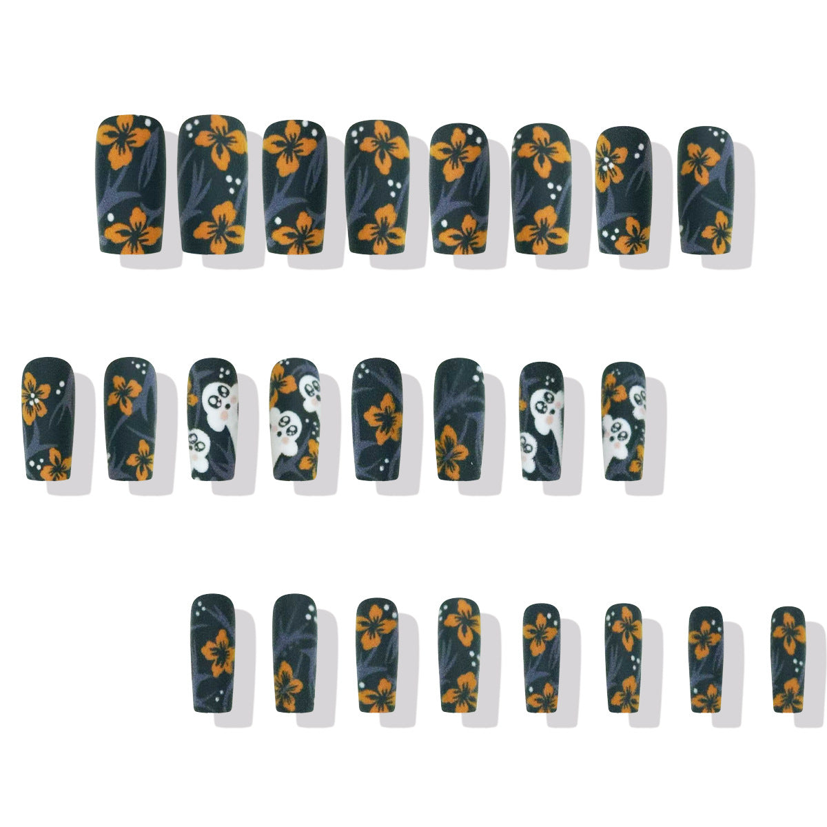 Enchanted Garden Long Square Matte Black and Orange Floral Press On Nail Set with Playful Panda Accents
