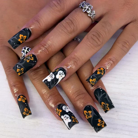 Spooky Garden Long Square Black with Ghost and Floral Design Press-On Nail Set