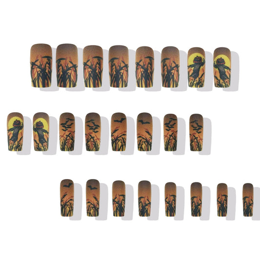 Spooky Twilight Long Square Matte Orange and Black Press On Nail Set Featuring Haunting Silhouette Design
