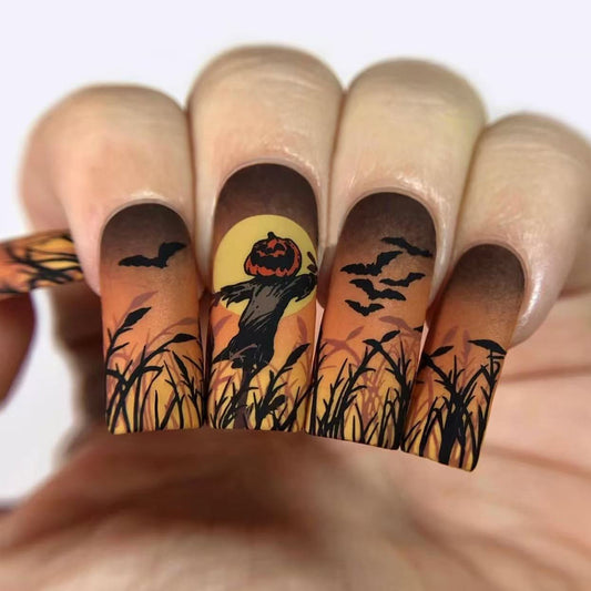 Spooky Harvest Long Square Orange Matte Press On Nail Set with Scarecrow and Bat Design