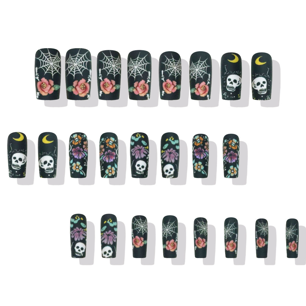 Gothic Elegance Long Square Black Press On Nail Set with Floral and Skull Art