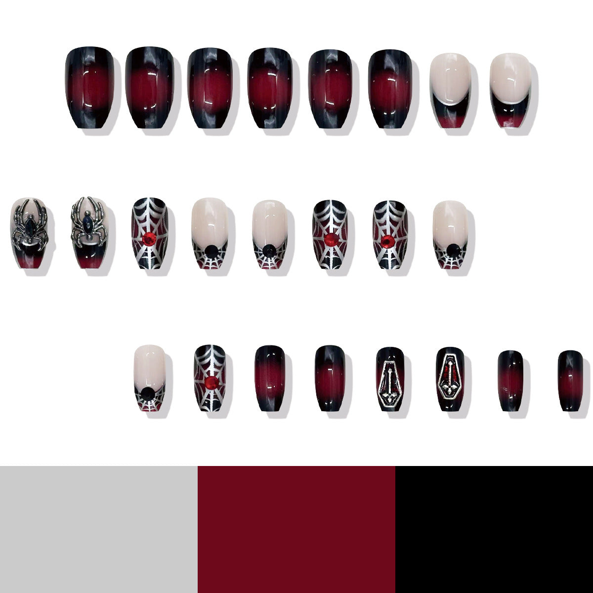 Haunted Elegance Medium Coffin Ombre Burgundy and Black with Spooky Spider and Web Designs Press On Nail Set