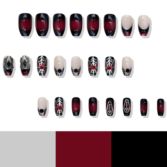 Haunted Elegance Medium Coffin Ombre Burgundy and Black with Spooky Spider and Web Designs Press On Nail Set
