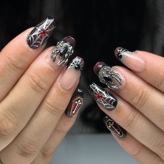 Spooky Gothic Glam Medium Coffin Red and Black Spider Web Press On Nail Set with Unique Spider and Coffin Design