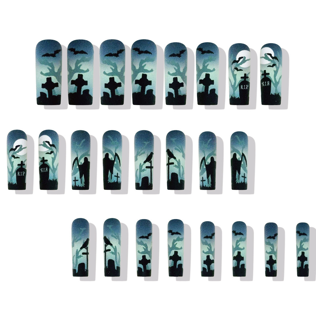 Spooky Graveyard Inspired Long Square Shape Gradient Blue and Black Press On Nails with Eerie Halloween Designs