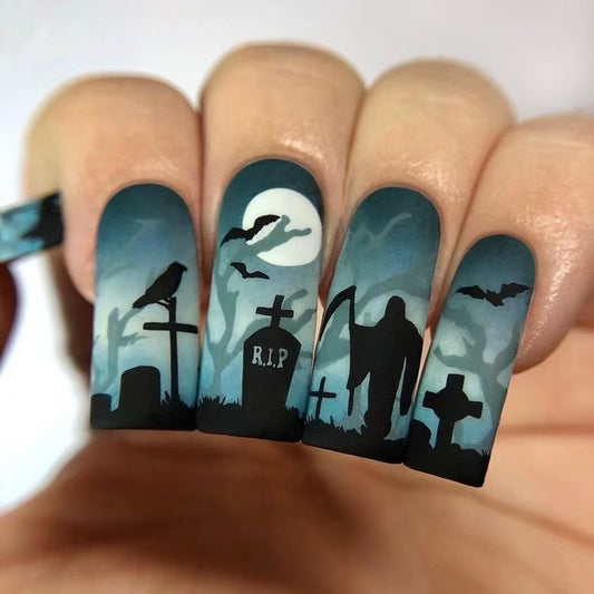 Spooky Night Long Square Matte Blue and Black Nail Set with Graveyard Theme