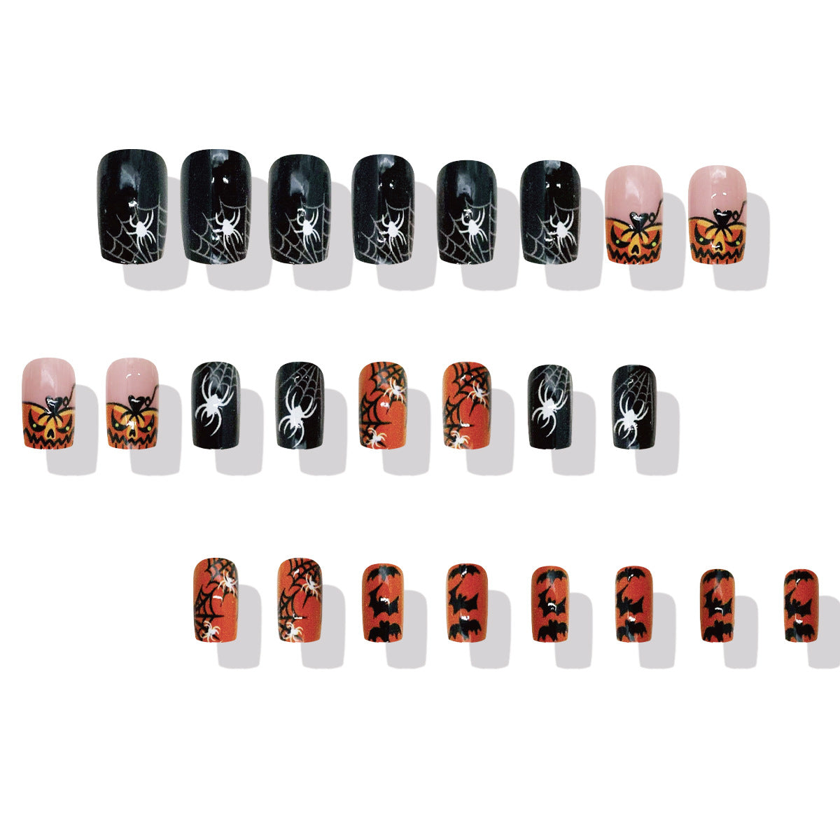 Spooky Elegance Long Square Black and Orange Nail Set with Glamorous Spider and Bat Designs