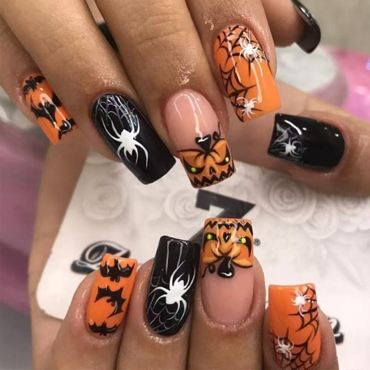 Spooky Halloween Square Long Orange Black Nail Set with Creepy Spider and Pumpkin Design