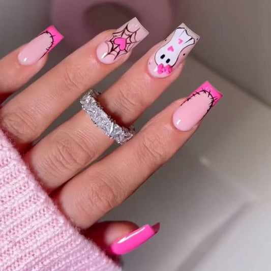 Spooky Chic Long Square Pink Press On Nail Set with Whimsical Ghost and Spiderweb Design