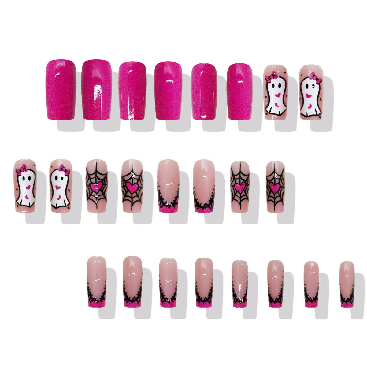 Hauntingly Glamorous Long Square Pink and Beige Press-On Nail Set with Spooky Ghost and Spiderweb Designs