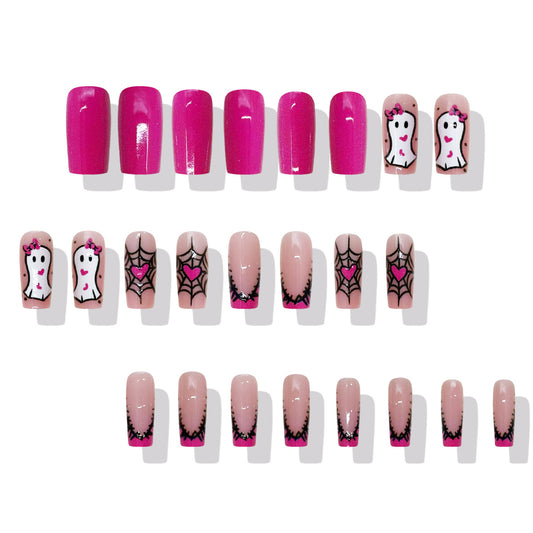Hauntingly Glamorous Long Square Pink and Beige Press-On Nail Set with Spooky Ghost and Spiderweb Designs