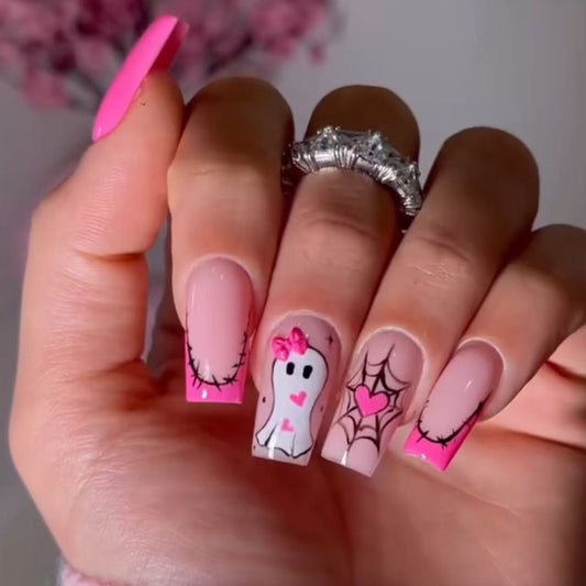 Spooky Charm Long Square Pink Press on Nail Set with Adorable Ghost and Spider Web Design