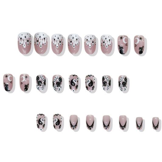 Magical Midnight Vibes Medium Oval Pink and White Press On Nail Set Featuring Whimsical Cat and Moon Designs