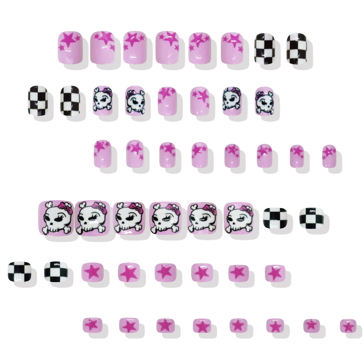 Whimsical Charm Short Square Pink with Star and Skull Designs Press On Nail Set