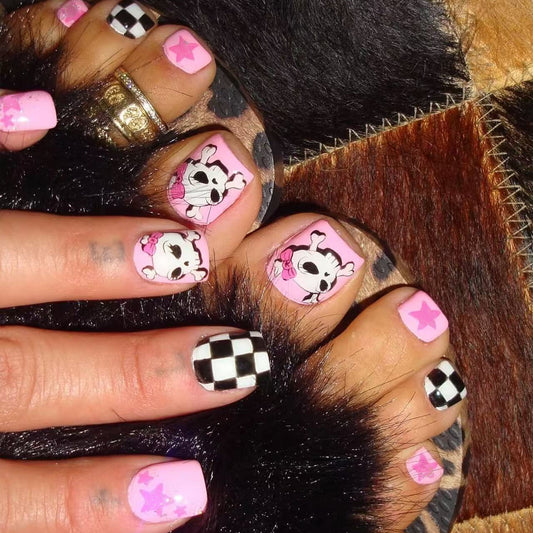 Spooky Chic Square Pink Short Toenails with Unique Skull and Star Design