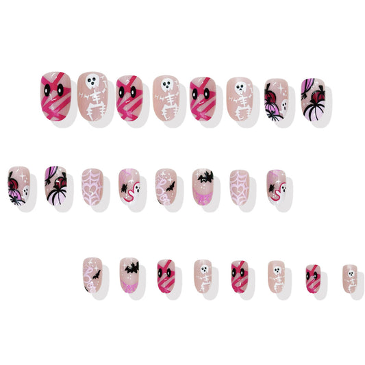 Spooktacular Pink Medium Oval Press-On Nail Set with Halloween-Themed Designs and Unique Skeleton and Spider Motifs
