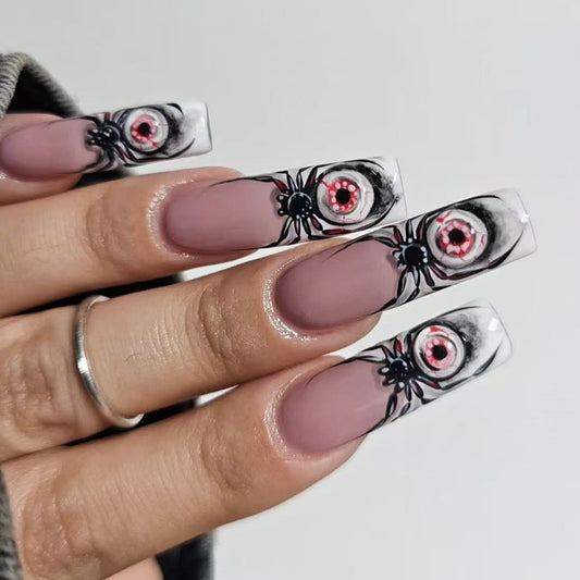 Halloween Whimsy Long Square Pink Spider Eye Press On Nail Set with Unique Eye-Catching Design