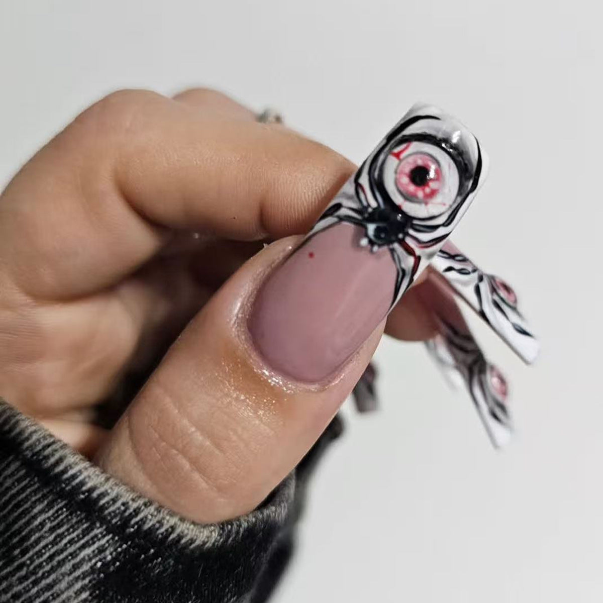 Mystical Eyeball Design Long Square Shape Black and White with Unique Detailed Decor Press On Nail Set